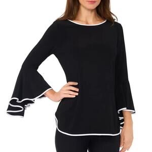 Coco Bianco Blouse Womens Large Black White Piping Bell Sleeve Top USA Made